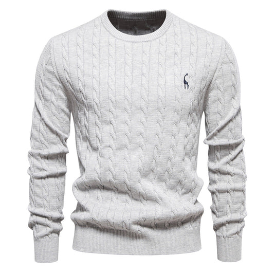 Herren Rundhals-Pullover mit Zopfmuster und Giraffenstickerei
