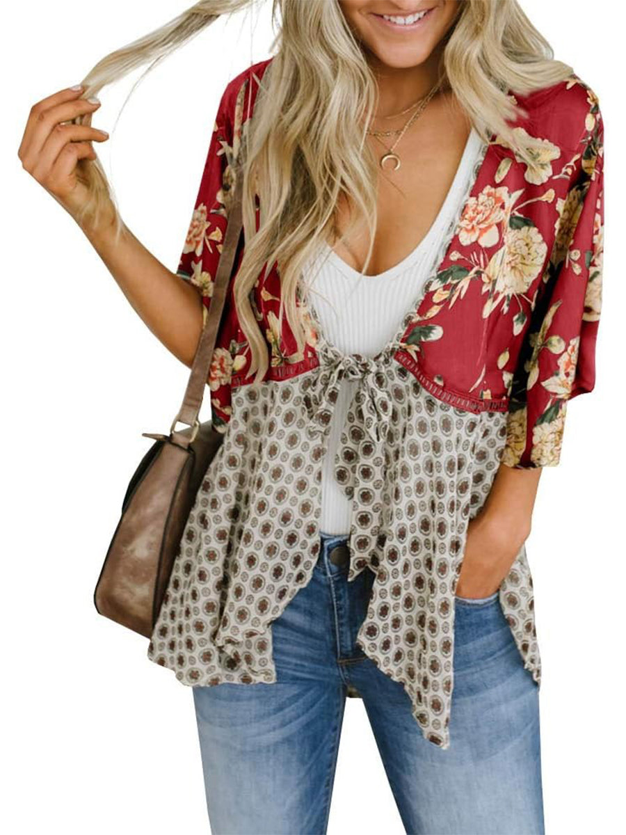 Cardigans Kimono Femme à Manches Volantes et Nœud, Imprimé Floral, Bohème Fluide et Ample