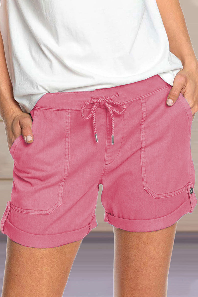 Shorts pour femme avec cordon de serrage réglable à la taille et ourlet retroussé