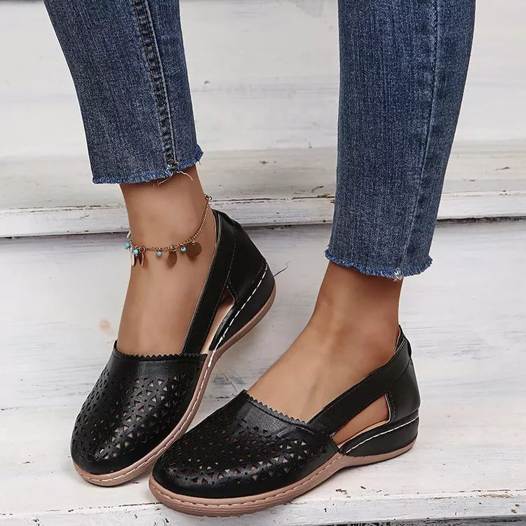 Sandales compensées orthopédiques évidées en PU de style vintage pour femme