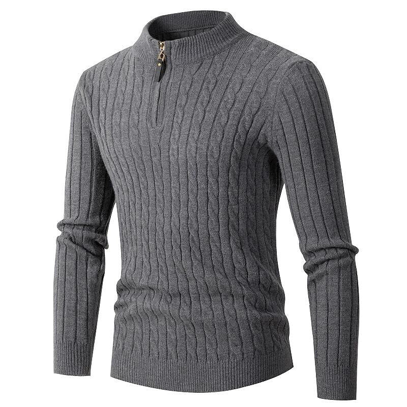 Chandail pour hommes en tricot torsadé, demi-zip, de couleur unie, à col montant