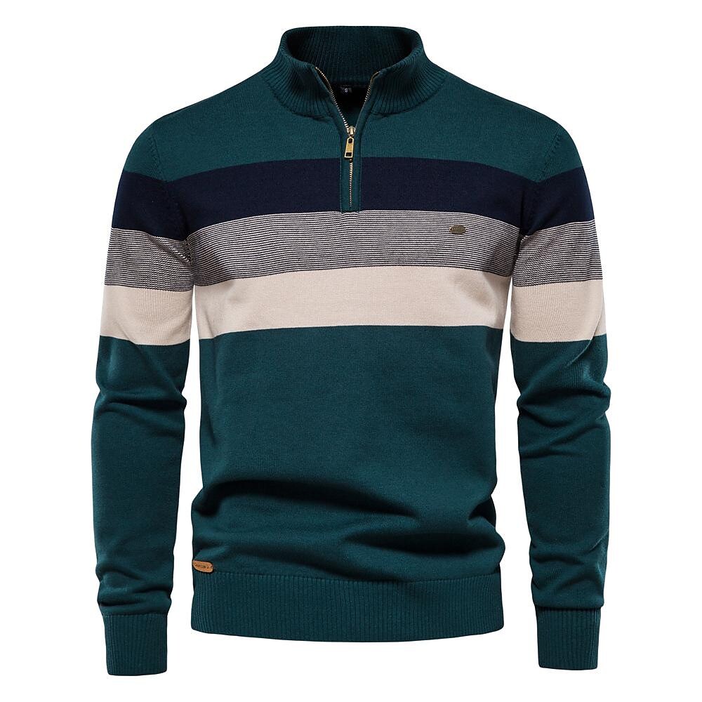 Pull homme à col montant zippé et rayures contrastées