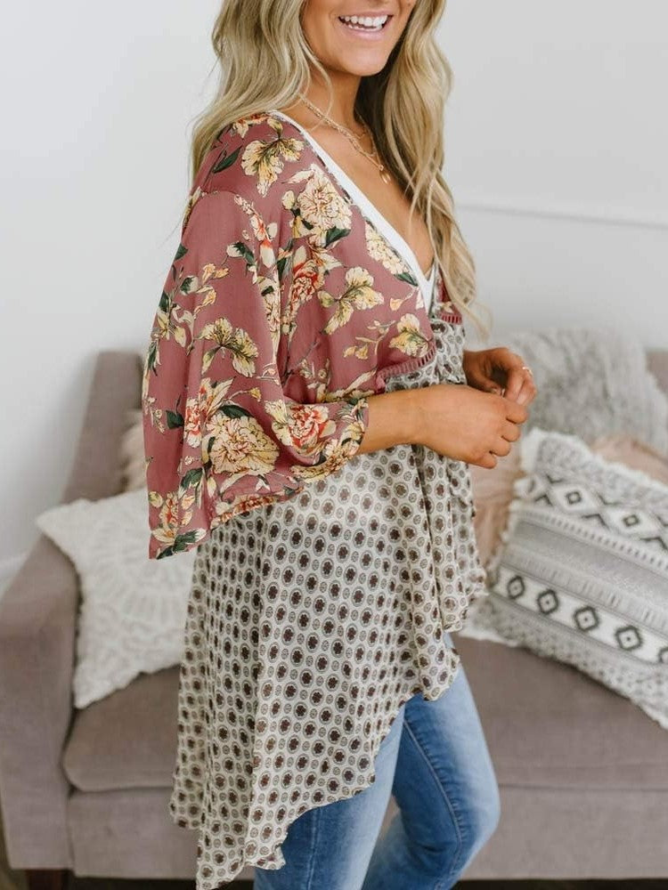 Cardigans Kimono Femme à Manches Volantes et Nœud, Imprimé Floral, Bohème Fluide et Ample