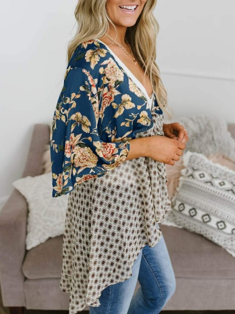 Cardigans Kimono Femme à Manches Volantes et Nœud, Imprimé Floral, Bohème Fluide et Ample