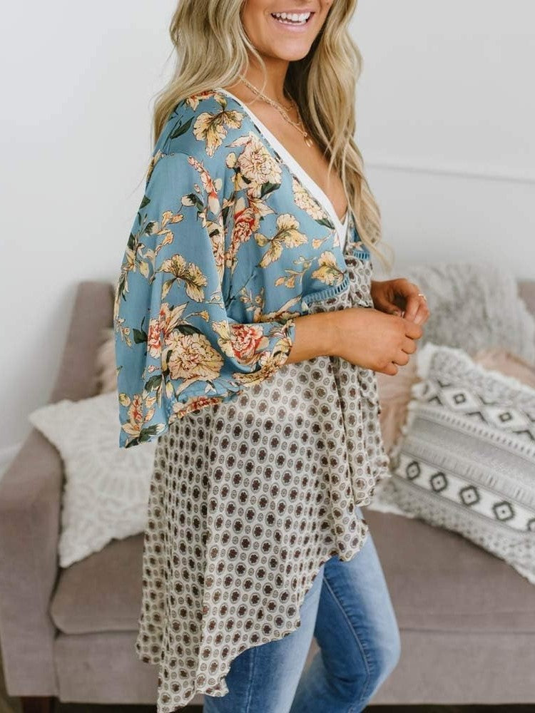 Cardigans Kimono Femme à Manches Volantes et Nœud, Imprimé Floral, Bohème Fluide et Ample