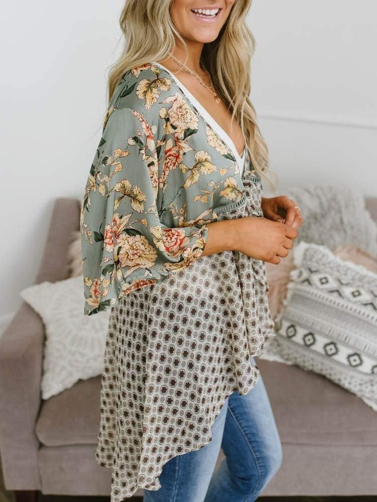 Cardigans Kimono Femme à Manches Volantes et Nœud, Imprimé Floral, Bohème Fluide et Ample