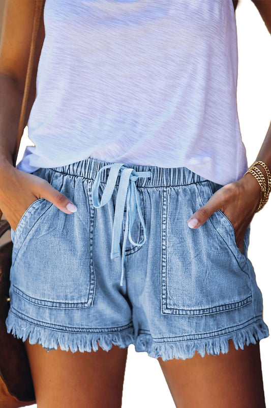 Damen leichte Shorts, lässig, weit geschnitten, trendige kurze Hose, elastischer Bund mit Kordelzug, bequeme Shorts