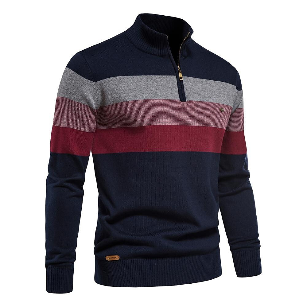 Pull homme à col montant zippé et rayures contrastées