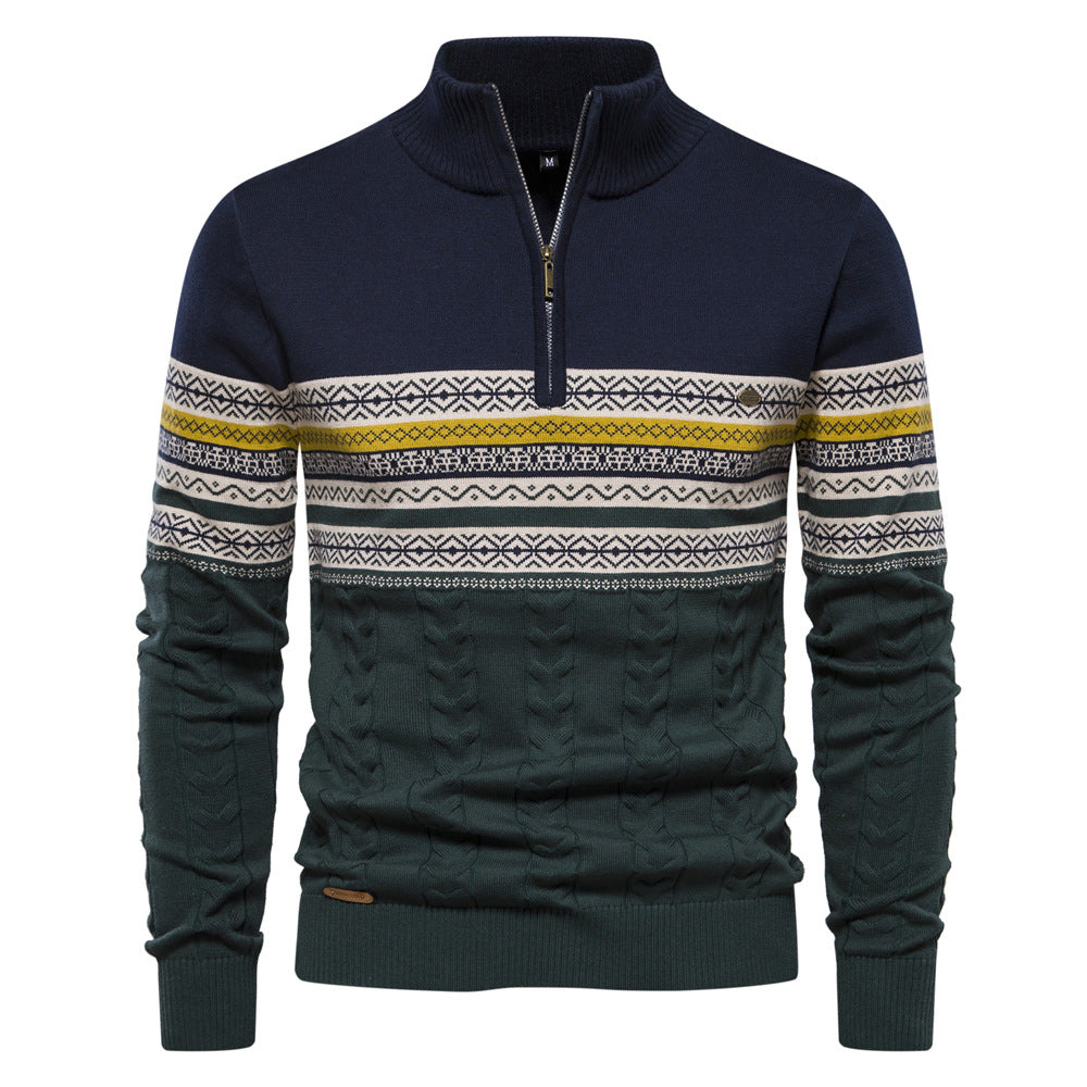 Pull en maille décontracté pour hommes à demi-fermeture éclair, motifs ethniques
