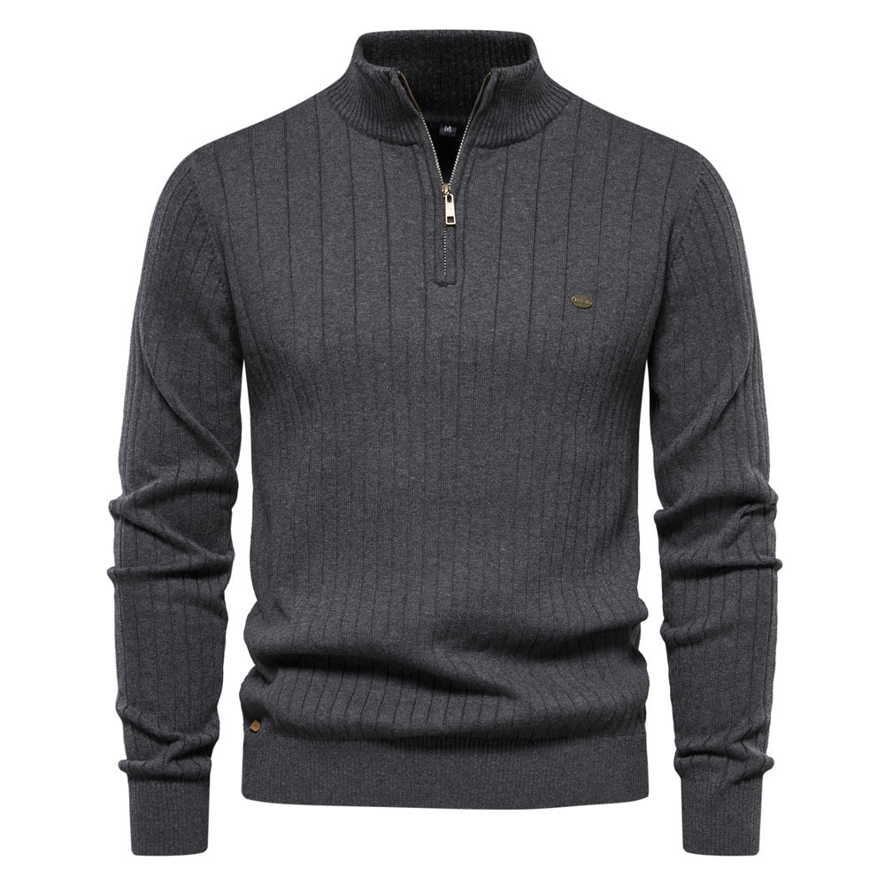 Pull homme en coton décontracté à col montant et demi-fermeture éclair