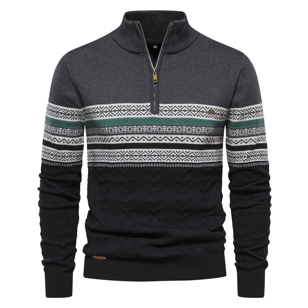 Pull en maille décontracté pour hommes à demi-fermeture éclair, motifs ethniques