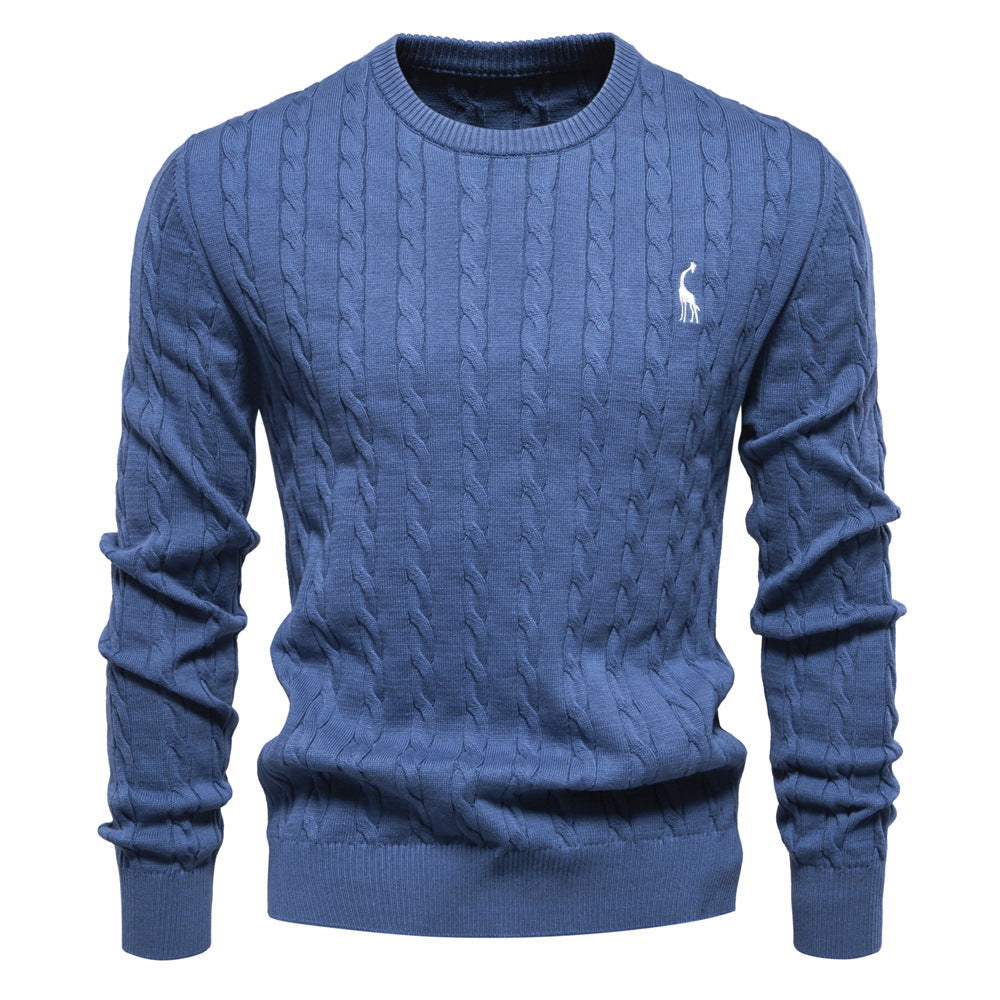 Herren Rundhals-Pullover mit Zopfmuster und Giraffenstickerei