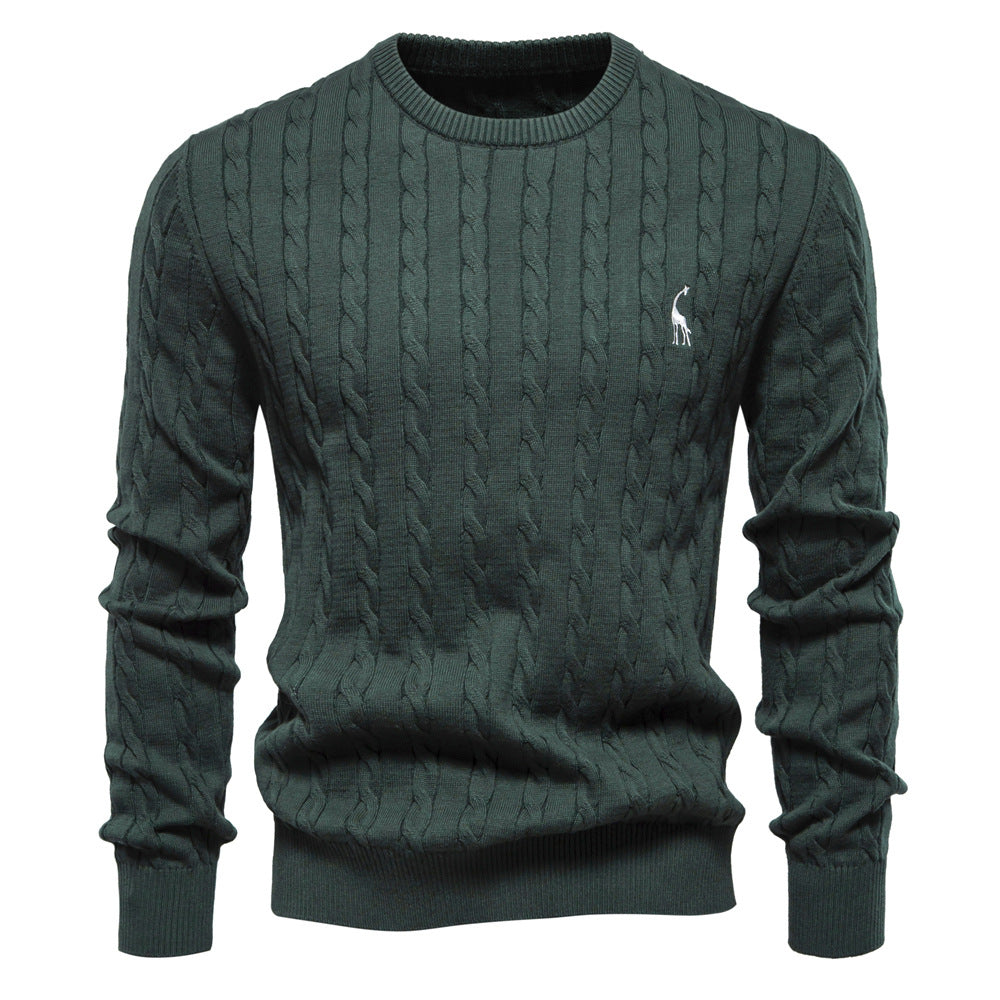 Herren Rundhals-Pullover mit Zopfmuster und Giraffenstickerei