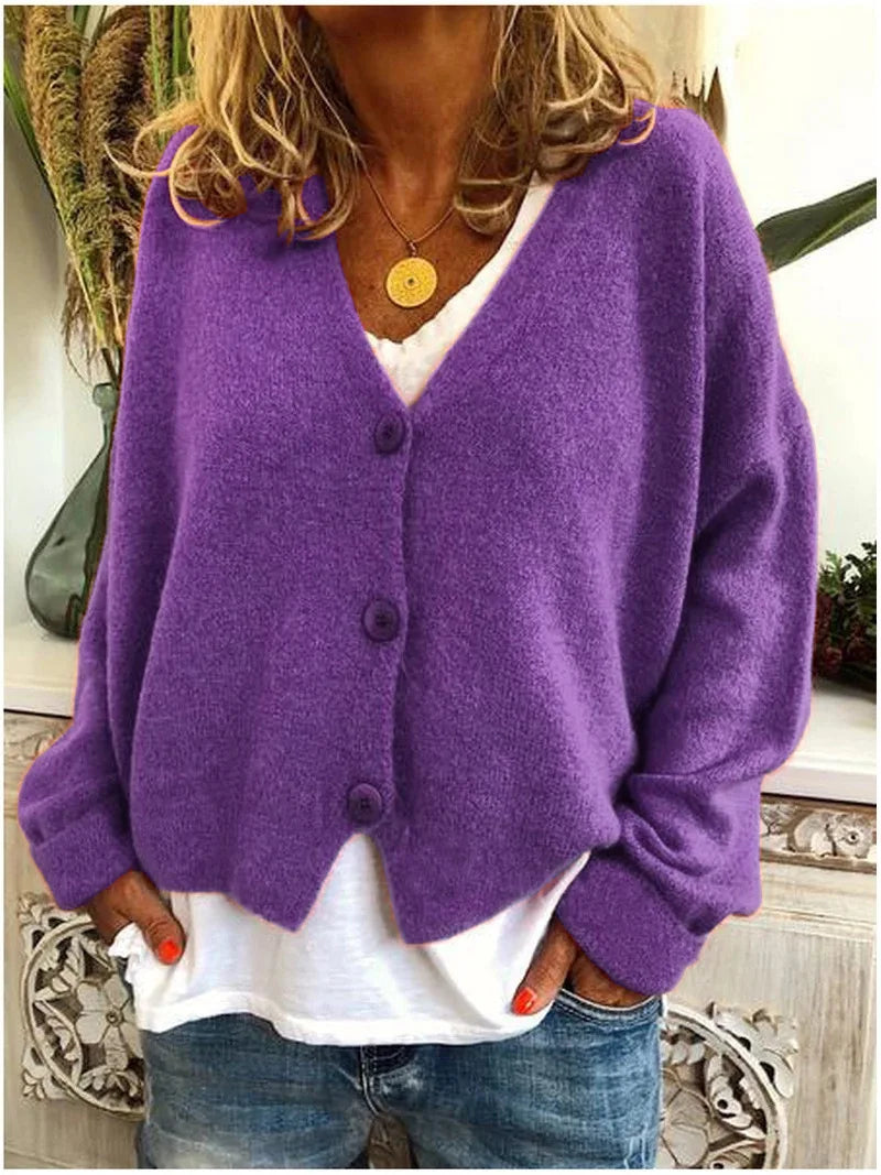 Cardigan Chic Femme Col V Boutonné Automne/Hiver