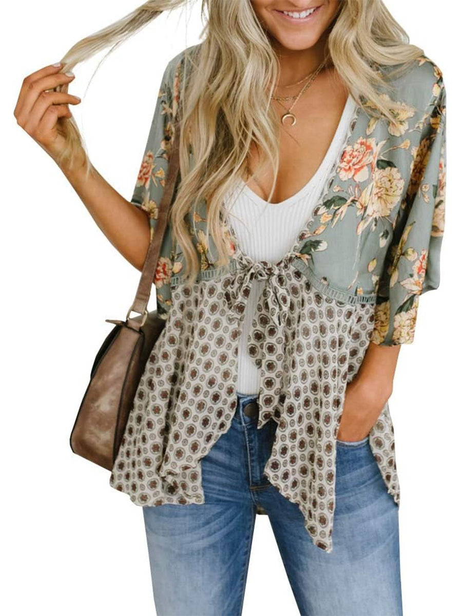 Cardigans Kimono Femme à Manches Volantes et Nœud, Imprimé Floral, Bohème Fluide et Ample
