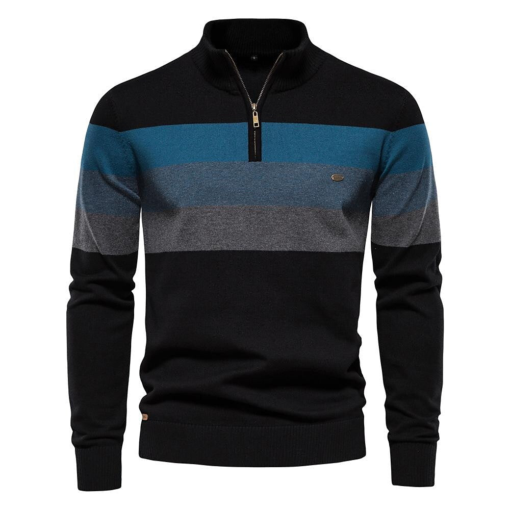Pull homme à col montant zippé et rayures contrastées