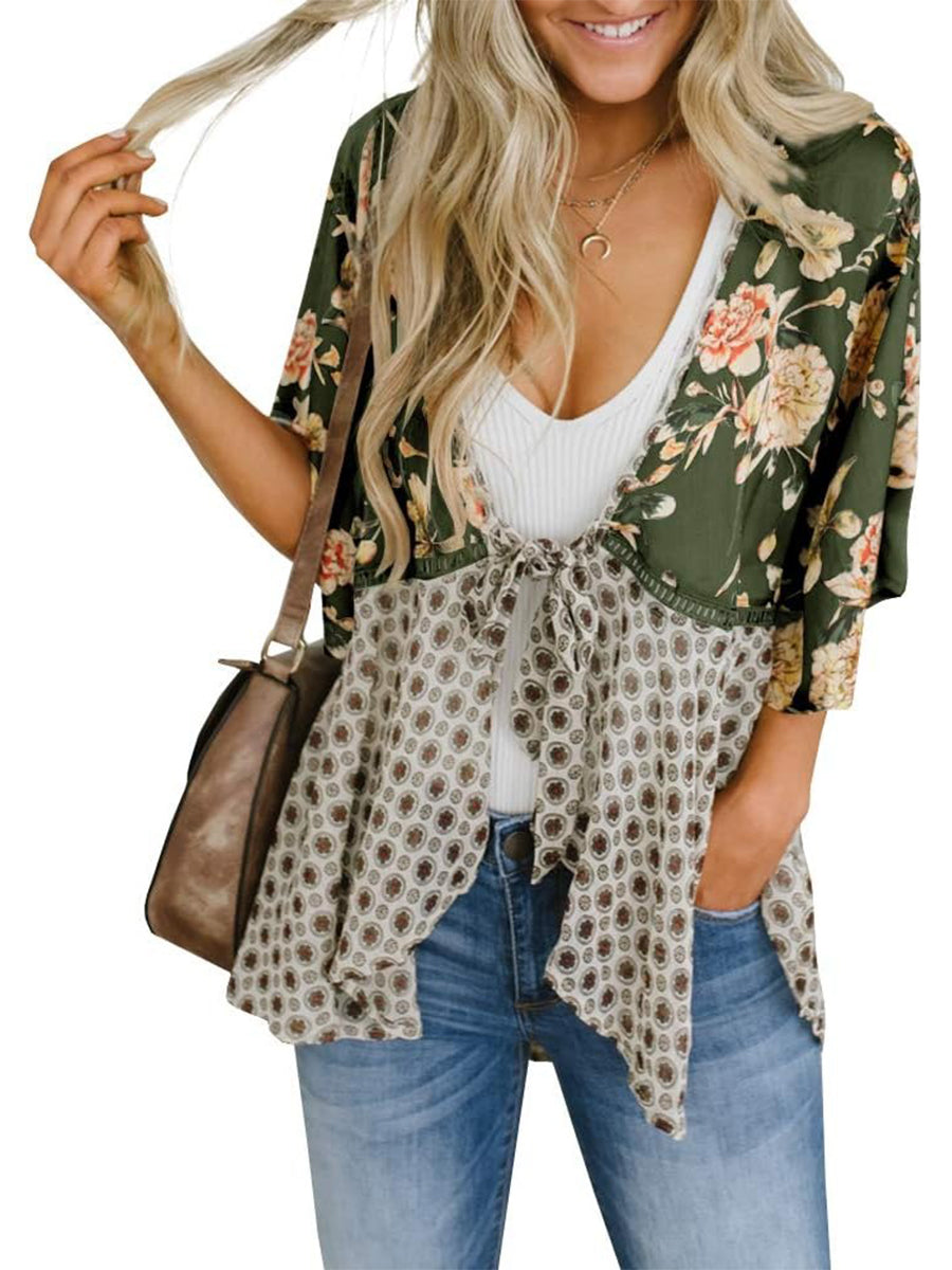 Cardigans Kimono Femme à Manches Volantes et Nœud, Imprimé Floral, Bohème Fluide et Ample