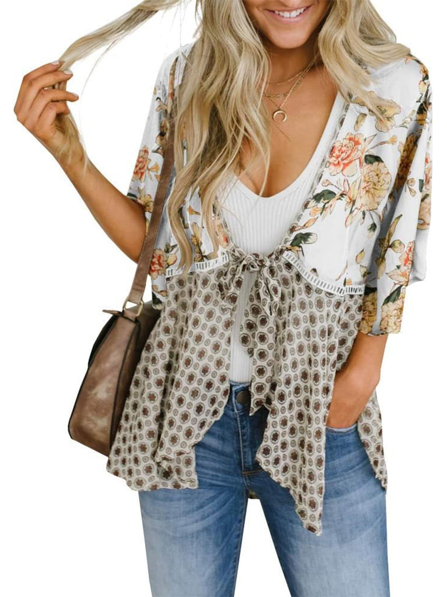 Cardigans Kimono Femme à Manches Volantes et Nœud, Imprimé Floral, Bohème Fluide et Ample